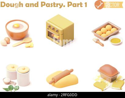 Vector isometric bakery icon set. Kneading dough, baking bread and pastry. Kitchen equipment, bread and pastry ingredients. Working process steps Stock Vector