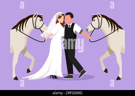 Graphic flat design drawing romantic married couple with horses. Young handsome man and beauty woman wearing wedding dress with horse. Engagement and Stock Photo