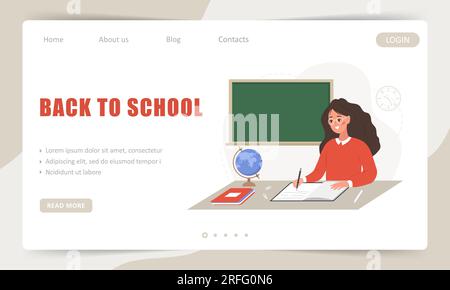 Back to school. Landing page template. Female teacher in classroom is sitting at table and checking homework. School and college concept. Vector Stock Vector
