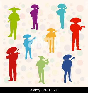 Mexican Musician Playing Instrument. Colorful Silhouettes Set Stock Vector