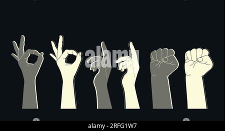 Set of human hands with different gestures. Light and dark hand silhouettes on a black background. Vector illustration Stock Vector