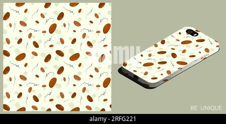 Modern smartphone in unique case decorated seamless pattern with edible mushrooms and spicy twigs. Vegetarian restaurant menu. Isometric top view. Vec Stock Vector