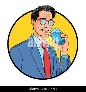 Attractive man is drinking water from a glass. Pop-art style on a white background. Stock Vector