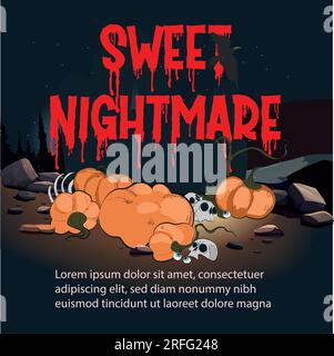 Halloween vertical background with pumpkin, haunted house and full moon. Flyer or invitation template for Halloween party. Vector illustration. Stock Vector