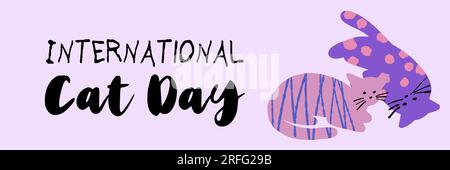 International Cat Day horizontal illustration design with textured cute cats in pink violet color Stock Vector