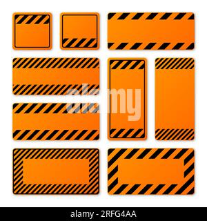 Various blank orange warning signs with diagonal lines. Attention, danger or caution sign, construction site signage. Realistic notice signboard Stock Vector