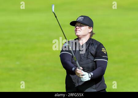 Irvine, UK. 03rd Aug, 2023. One day 1 of the Women's Scottish Open Golf tournament, an international field of 145 competitors began teeing off at Dundonald Links Golf Course, near Irvine, Ayrshire Scotland, UK. The competition, over 4 days is for a purse of $2,000,000 and the cut after the second round will be for the top 65 and ties. Lydia Hall from Wales playing on the 3rd fairway, third shot. Credit: Findlay/Alamy Live News Stock Photo