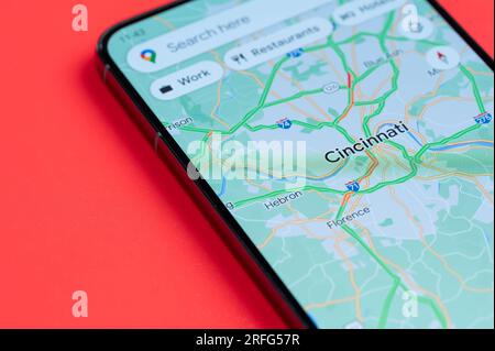 New York, USA - July 21, 2023: Map of traffic jams in Cincinnati on smartphone screen close up view Stock Photo