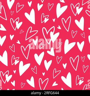 Seamless pattern with white doodle hearts on red background. For Valentine's Day wrapping paper, textile and decoration. Hand drawn vector illustratio Stock Vector