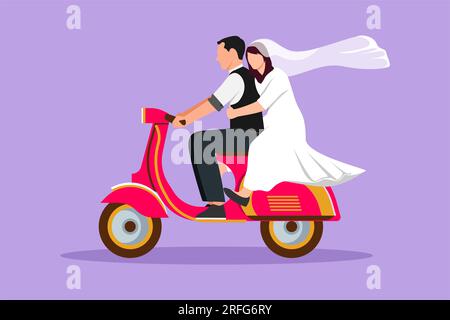 Graphic flat design drawing happy married couple riding motorcycle. Man driving scooter and woman are passenger while hugging wearing wedding dress. D Stock Photo