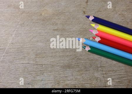 coloring pencils on a wooden table Stock Photo