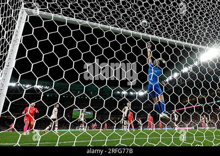 Brisbane, Australia. 3rd Aug, 2023. Germany's goalkeeper Merle Frohms makes a save during the Group H match between South Korea and Germany at the 2023 FIFA Women's World Cup in Brisbane, Australia, Aug. 3, 2023. Credit: Xiong Qi/Xinhua/Alamy Live News Stock Photo