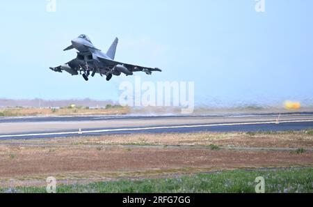 Keflavik, Iceland. 03rd Aug, 2023. A Eurofighter takes off over Iceland during the Rapid Viking 2023 exercise. For the first time in over 10 years, the German Air Force is again training with fighter aircraft on Iceland. The far north is becoming increasingly important in geopolitical terms. Credit: Britta Pedersen/dpa/Alamy Live News Stock Photo