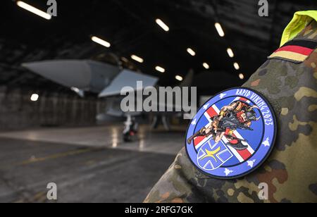 Keflavik, Iceland. 03rd Aug, 2023. An exercise participant wears a patch with the words Rapid Viking during the Rapid Viking 2023 exercise in Iceland. For the first time in more than 10 years, the Air Force is training with fighter aircraft on Iceland. The far north is increasingly gaining geopolitical importance. Credit: Britta Pedersen/dpa/Alamy Live News Stock Photo