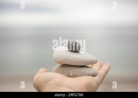 Hand with stack of pebbles on the beach on a bright and calm day Stock Photo