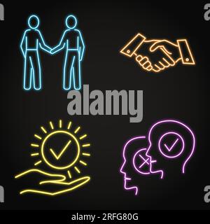 Agreement and cooperation neon line icon set. Business deal, handshake symbols. Vector illustration. Stock Vector