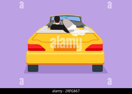 Cartoon flat style drawing back view of loving couple sitting and hugging in convertible car. Man and woman getting ready for wedding. Engagement and Stock Photo