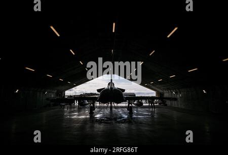 Keflavik, Iceland. 03rd Aug, 2023. A Eurofighter stands in a hanger during the Rapid Viking 2023 exercise over Iceland. For the first time in over 10 years, the German Air Force is again training with fighter aircraft on Iceland. The far north is increasingly gaining geopolitical importance. Credit: Britta Pedersen/dpa/Alamy Live News Stock Photo