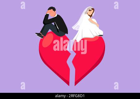 Graphic flat design drawing of relationship break up, broken heart, couple facing opposite direction. Married couple man and woman sitting on big brok Stock Photo