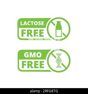 Lactose free and GMO free signs on a white background Stock Vector