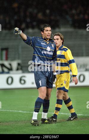 Turin Italy 1999-02-07, AC Parma goalkeeper Gianluigi Buffon rejoices  during the Juventus-Parma championship match Stock Photo - Alamy