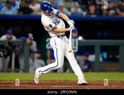 MAY 10, 2023: Kansas City Royals second baseman Michael Massey (19) drives  an RBI single in the first inning at Kauffman Stadium Kansas City,  Missouri. Jon Robichaud/CSM.(Credit Image: © Jon Robichaud/Cal Sport