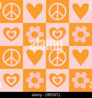 Vector seamless pattern of retro groovy chessboard texture with flowers and hearts isolated on pink background Stock Vector