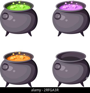 Set of witches cauldrons with colorful potions isolated on a white background. Vector illustrations Stock Vector