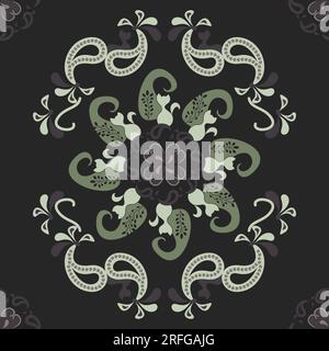Seamless Pattern. Cat Mandala with lavender. Dark gray, Chocolate and Pistachio color. Vector illustration. Stock Vector
