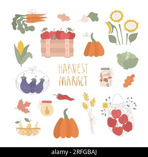 Set of fresh fruits, vegetables, baskets, farm products. Fall harvest market, cute vector illustrations, stickers. Stock Vector