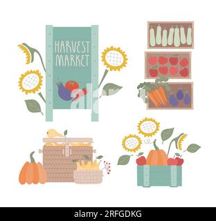 Farm market banner, basket, box with fruits, vegetables, sunflowers. Bright vector illustration for card, flyer, banner. Stock Vector