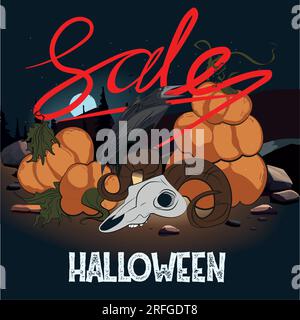 Halloween vertical background with pumpkin, haunted house and full moon. Flyer or invitation template for Halloween party. Vector illustration. Stock Vector