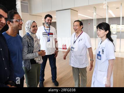 (230803) -- NANJING, Aug. 3, 2023 (Xinhua) -- Fan Zhining (2nd R), expert of digestive endoscopy, talks with foreign medical workers of a medical seminar at Jiangsu Province Hospital in Nanjing, capital of east China's Jiangsu Province, Aug. 1, 2023. In recent years, Jiangsu Province Hospital cooperated with medical institutions in Pakistan, Egypt and other countries and regions in the field of digestive endoscopy to promote medical cooperation under the Belt and Road Initiative. (Xinhua/Ji Chunpeng) Stock Photo