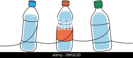Set of plastic bottles one line colored continuous drawing. Empty plastic bottles continuous one line illustration. Vector linear illustration. Stock Vector