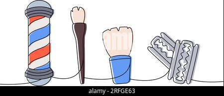Set of barber shop tools one line colored continuous drawing. Barber shop pole, brush, shaving brush, razor blade continuous one line illustration. Stock Vector