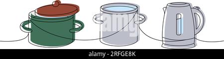 Kitchen utensils one line colored continuous drawing. Pot with lid, saucepan, electric kettle continuous one line illustration. Stock Vector