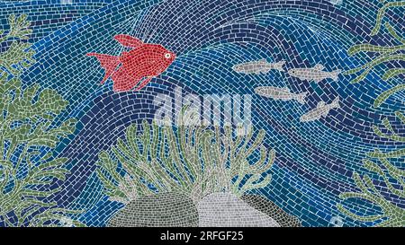 Underwater scene mosaic background with colored fishes, vector illustration Stock Vector