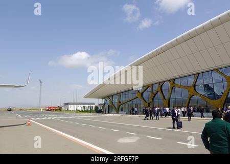 Passengers arriving at Fuzuli International Airport, Fuzuli, Azerbaijan, the airport was opened in 2021 by Turkish and Azerbaijan Presidents Stock Photo