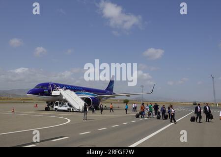 Passengers arriving at Fuzuli International Airport, Fuzuli, Azerbaijan, the airport was opened in 2021 by Turkish and Azerbaijan Presidents Stock Photo