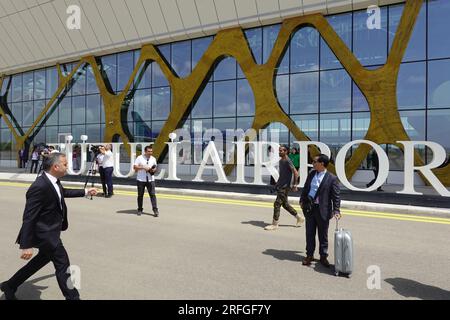 Passengers arriving at Fuzuli International Airport, Fuzuli, Azerbaijan, the airport was opened in 2021 by Turkish and Azerbaijan Presidents Stock Photo