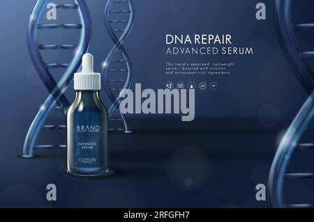 Moisturizing serum cosmetic ads template. Dropper bottle with dna molecules Stock Vector