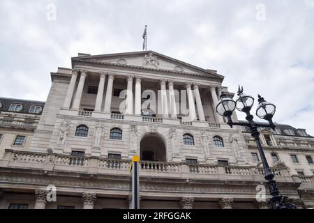 London, UK. 3rd Aug, 2023. General view of the Bank of England as interest rates are raised for the 14th time in a row. (Credit Image: © Vuk Valcic/SOPA Images via ZUMA Press Wire) EDITORIAL USAGE ONLY! Not for Commercial USAGE! Stock Photo
