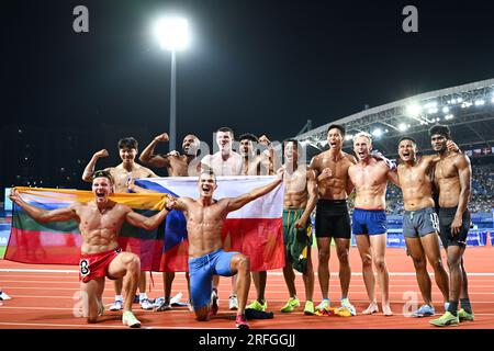 Chengdu, China's Sichuan Province. 3rd Aug, 2023. Athletes pose for photos after the athletics men's decathlon at the 31st FISU Summer World University Games in Chengdu, southwest China's Sichuan Province, Aug. 3, 2023. Credit: Wang Xi/Xinhua/Alamy Live News Stock Photo