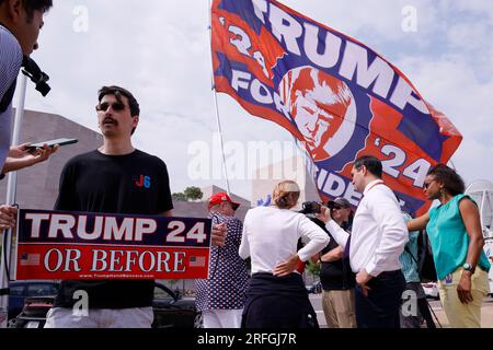 Washington, United States. 03rd Aug, 2023. Supporters of former President Donald Trump gather near the E. Barrett Prettyman Federal Courthouse before the arrival of Trump for his arraignment on charges of election subversion, in Washington DC, on Thursday, August 3, 2023. Special counsel Jack Smith has indicted the former president on four charges in connection with his actions leading up to and after the January 6 attack on the U.S. Capitol. Photo by Jemal Countess/UPI Credit: UPI/Alamy Live News Stock Photo