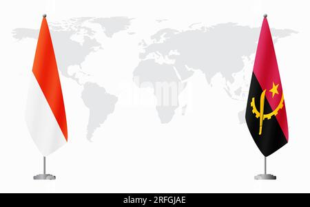 Indonesia and Angola flags for official meeting against background of world map. Stock Vector