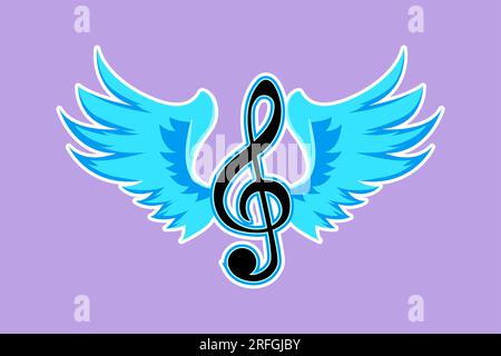 Character flat drawing of treble clefs with wings isolated on blue background. Winged feather violin clef or music symbol. Musical logo icon for music Stock Photo