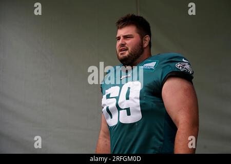 Philadelphia Eagles guard Landon Dickerson (69) walks off the field after  an NFL football game against the New York Giants, Sunday, Nov. 28, 2021, in  East Rutherford, N.J. (AP Photo/Adam Hunger Stock