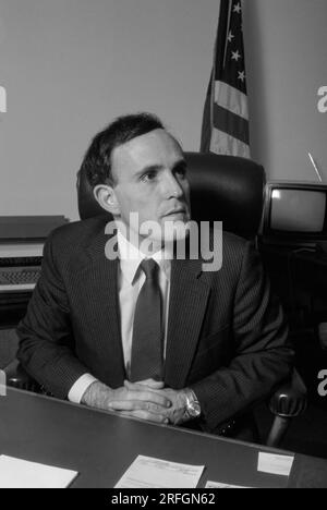 Rudy Giuliani, US Attorney for the Southern District of New York in his office in 1984. Rudolph William Louis Giuliani is an American politician and lawyer who served as the 107th Mayor of New York City from 1994 to 2001. He previously served as the United States Associate Attorney General from 1981 to 1983 and the United States Attorney for the Southern District of New York from 1983 to 1989. Photo by Bernard Gotfryd Stock Photo