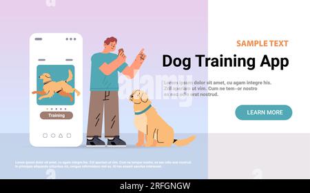 guy owner with cute dog using training app best friends domestic animal friendship concept copy space Stock Vector