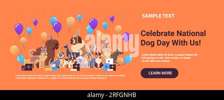 Happy national dog day greeting card various cute doggy posing in hats holiday of domestic animals concept Stock Vector